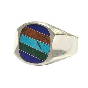 Vintage Mens Sterling Silver Multi-Stone Inlay Mens Ring